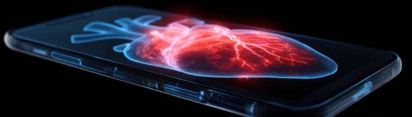 Poster - A digital visualization of a human heart with electric pulses displayed on a smartphone screen, symbolizing health technology or mobile medical innovation, mobile screen displaying hologram of a heart