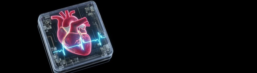 Poster - A digital hologram of a human heart with an electrocardiogram waveform is displayed on a futuristic transparent screen against a black background, mobile screen displaying holographic heart