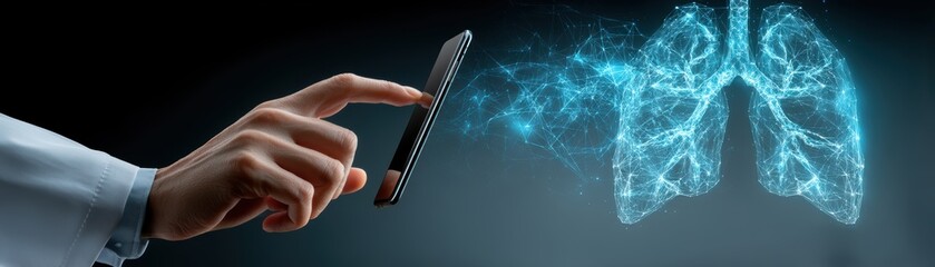 Poster - A hand interacts with a smartphone, projecting a digital hologram of human lungs composed of blue network lines and nodes, Doctors hand swiping on a phone screen as transparent lungs