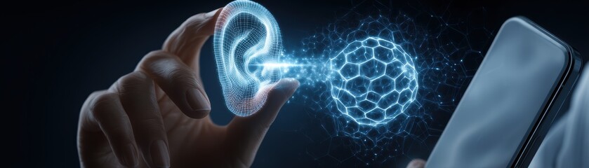 Poster - A digital ear connects to a glowing molecular structure, symbolizing advanced technology and communication through a smartphone interface, Doctors hand unlocking AI vitals overlay