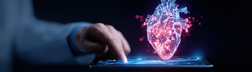 Poster - A hand interacts with a digital tablet projecting a glowing, holographic human heart in a futuristic, tech-driven setting, Medical intern interacting with a tablet generating analysis data