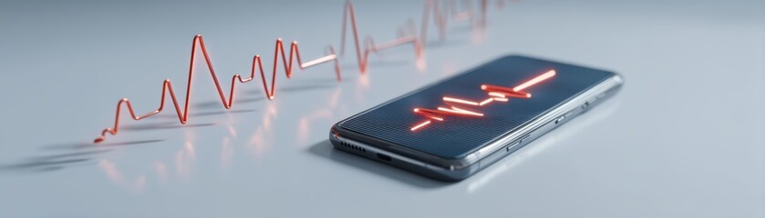 Poster - A smartphone displays a glowing red heartbeat line that extends outward in 3D, symbolizing digital health monitoring and mobile medical technology, Mobile phone laid near AI patch sensor glowing 