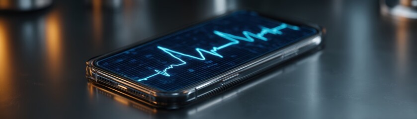 Poster - Smartphone displaying a blue ECG heart rate monitor graph on the screen, placed on a reflective dark surface, Mobile phone laid near AI patch sensor glowing with AI analysis