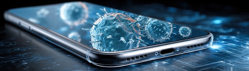 Poster - A smartphone displays magnified virus-like particles, symbolizing digital viruses or cybersecurity threats, Oblique angle of phone showing immune system scan 