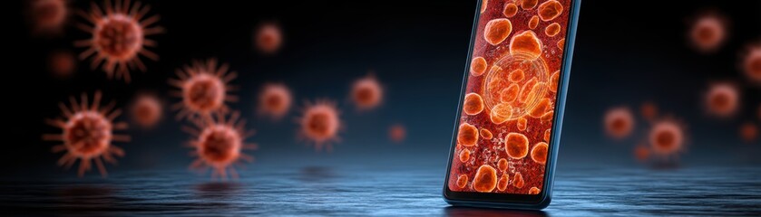 Poster - Digital illustration of a smartphone displaying red virus-like particles, with similar particles floating in the background, as digital virus or cybersecurity threats, phone showing immune system scan