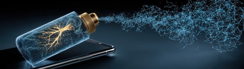 Poster - A futuristic digital spray can emitting a network of glowing blue neural-like connections over a smartphone, Oblique view of mobile screen with neural AI interface