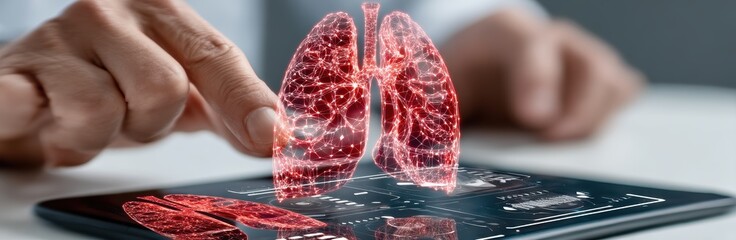 Poster - A person interacts with a digital tablet displaying a 3D holographic model of human lungs, highlighting medical technology and virtual health analysis, Patient tapping a wearable patch
