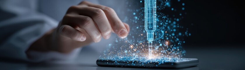 Poster - A hand interacts with a smartphone as a digital syringe injects data, symbolizing technological innovation in healthcare or digital medicine, Researcher gripping phone as a holographic needle