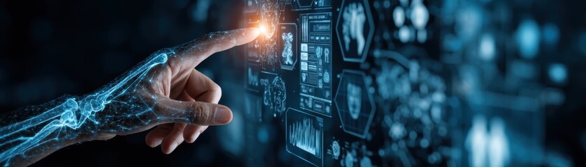 Poster - A futuristic digital hand interacts with a transparent touchscreen displaying complex data and holograms in a high-tech, cyber environment, Technicians finger guiding through AI generation