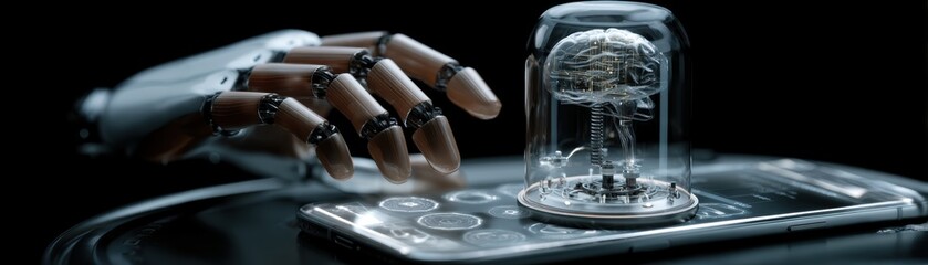 Poster - A robotic hand interacts with a holographic interface displaying a detailed brain model encased in a glass dome, showing advanced AI and technology, Technicians fingers interacting with floating UI