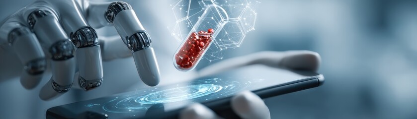 Poster - A robotic hand interacts with a digital interface while a capsule containing red particles is suspended above it, as advanced technology in medicine, Technicians fingers interacting with floating UI