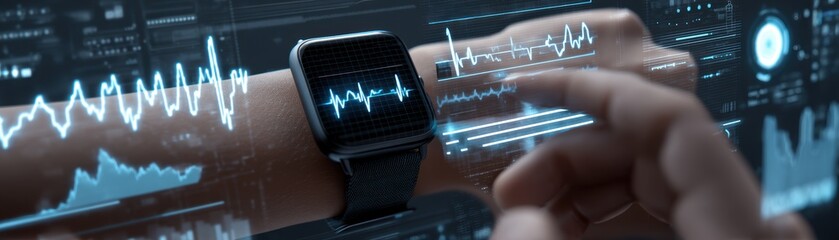 Poster - Smartwatch displaying health and fitness data with holographic graphs and charts, being operated by a hand in a high-tech digital environment, User scrolling health diagnostics with driven AI