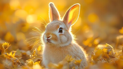 Wall Mural - playful rabbit peeking through the golden autumn foliage
