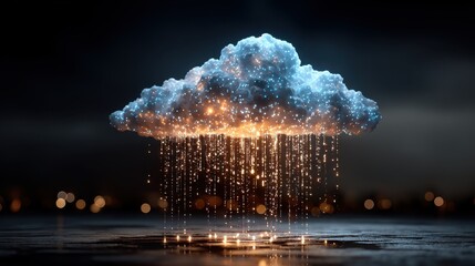 Binary code rain within transparent cloud computing icon, data metaphor in clean monochrome for web design, app development, or tech company branding.