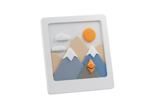 Crypto Mountains Design with Clouds and Sun on Polaroid Frame on Transparent Background