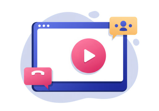 Abstract Virtual Meeting Interface with Play Button in Blue White and Pink