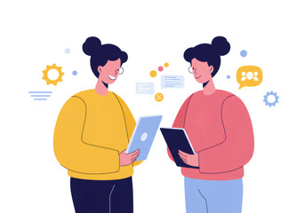 Poster - Two Women Discussing Ideas With Yellow and Red Sweater Standing with Tablets Laptop
