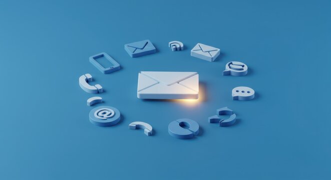 Communication icons in a circle surround an email envelope glowing softly on a blue surface