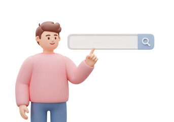 Poster - Cartoon Man Pointing at Blank Search Bar on Transparent Background in 3D Render