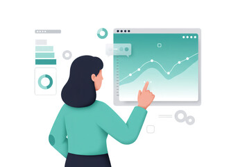 Poster - Woman Analyzing Green Data Chart on Transparent Background in Modern Style