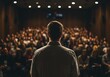 © Rana - Man facing audience in dimly lit auditorium with overhead lights speaker presentation