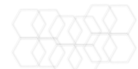 Poster - Abstract geometric technology 3d white bright ring out line hexagon polygonal honeycomb luxury pattern vector background.	
