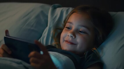 A young girl smiles while lying in bed at night, illuminated by the glow of a tablet she is holding.