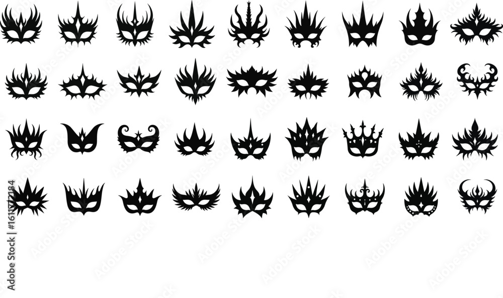 Masquerade Mask Silhouettes Set Carnival, Venetian, and Costume Party Vector Collection .