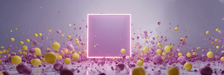 Poster - Vibrant 3D Animation Billboard in Abstract Setting With Colorful Particles Floating Around Placeholder
