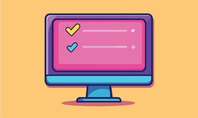 Modern desktop computer displaying completed tasks with checkmarks on vibrant pink screen checklist complete