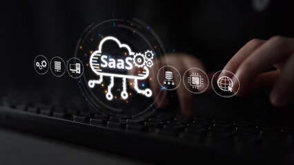 Fototapete - Visual representation of SaaS showing infrastructure, SaaS deployment, SaaS platform features, and SaaS integration model in digital environment. Muxer