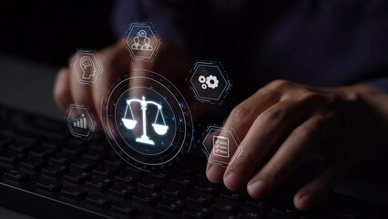 Poster - Futuristic digital law interface displaying justice scale, highlighting digital law, AI compliance, digital law systems, and digital law regulations for secure governance. Muxer