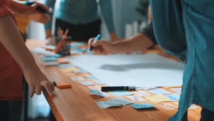 Poster - Close up of developer team using mind map to brainstorm idea. Top view of skilled group of business people working together writing marketing strategy by using markers and sticky notes. Symposium.