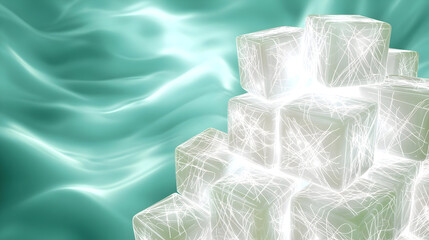 Wall Mural - Stacked cubes with ethereal light, layered on a teal background with flowing fabric-like texture.  The cubes glow with internal, crystalline-like structure