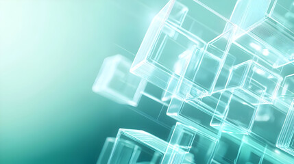 Wall Mural - Abstract graphic of translucent cubes in light teal.  Layered, geometric shapes with a soft glow