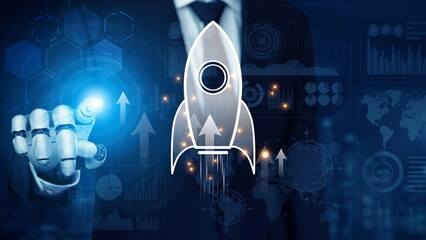 Poster - Startup launch and business growth concept, rocket symbolism, entrepreneurship, startup innovation, and early-stage success strategies for new business development and expansion. Muxer
