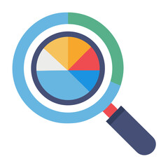 Poster - Vector  magnifying glass focusing on a colorful pie chart analysis on transparent background