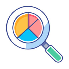 Poster - Vector  magnifying glass focusing on a colorful pie chart analysis on transparent background