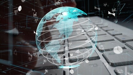 Poster - Modern digital globe with data visualization elements on a keyboard, illustrating the intersection of technology, business, and global information exchange. Xenic