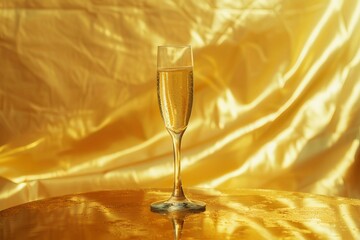 Poster - Glass of sparkling wine on a golden table with golden background celebrating success
