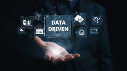Poster - Data-driven decision-making empowers business through analytics, datum collection, and AI systems. Data driven tools support cloud data processing and data visualization across datum platforms. Elide
