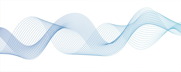 Fototapete - Minimalist abstract wave design consisting of smooth, flowing white and blue  lines on a white background. with wave line with sense of motion and fluidity. Sound waves or light...