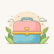 © Insight - Pastel pink and blue cartoon lunchbox with a yellow latch and blue handle.