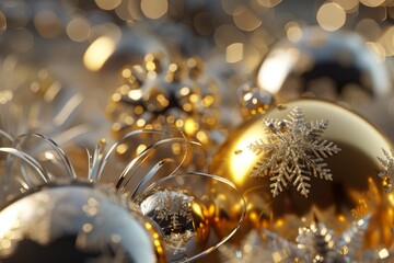 Poster - Christmas ornaments in gold and silver, reflecting warm lights, create a festive atmosphere