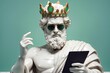 © AkosHorvathWorks - Modern interpretation of a king statue wearing sunglasses and using a tablet in a minimalist setting