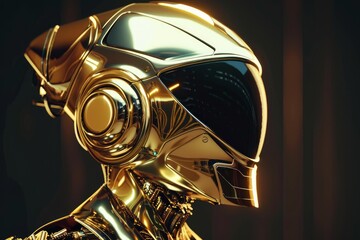Poster - Golden robot wearing futuristic helmet with heads up display, showcasing advanced technology and futuristic design