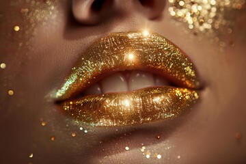 Poster - Golden glitter lips showing perfect makeup for beauty and cosmetics advertising