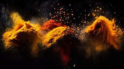 Wall Mural - Piles of Spices Exploding on a Black Background