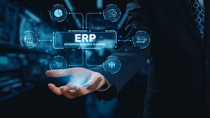 Poster - ERP platform visual showing centralized system for enterprise resource planning, improving integration, data flow, business efficiency, finance, inventory, and human resources. Elide