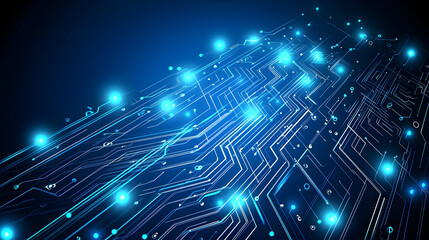 Wall Mural - Abstract circuit board, glowing with blue light,  illustrating  technology and data flow.  Complex network of interconnected pathways